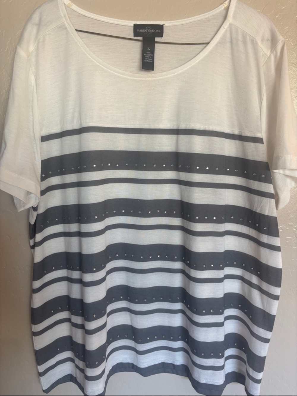 Karen Brooks White and Grey Striped Short Sleeve Tee with Rhinestone Detail